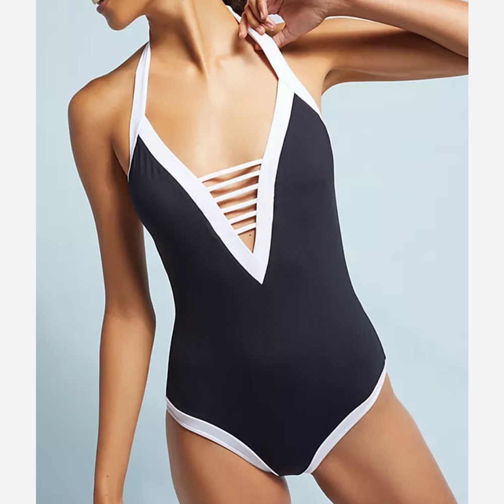 CaCelin Swimwear Black One Piece White Lattice Trim Removable Cups NWT-2X